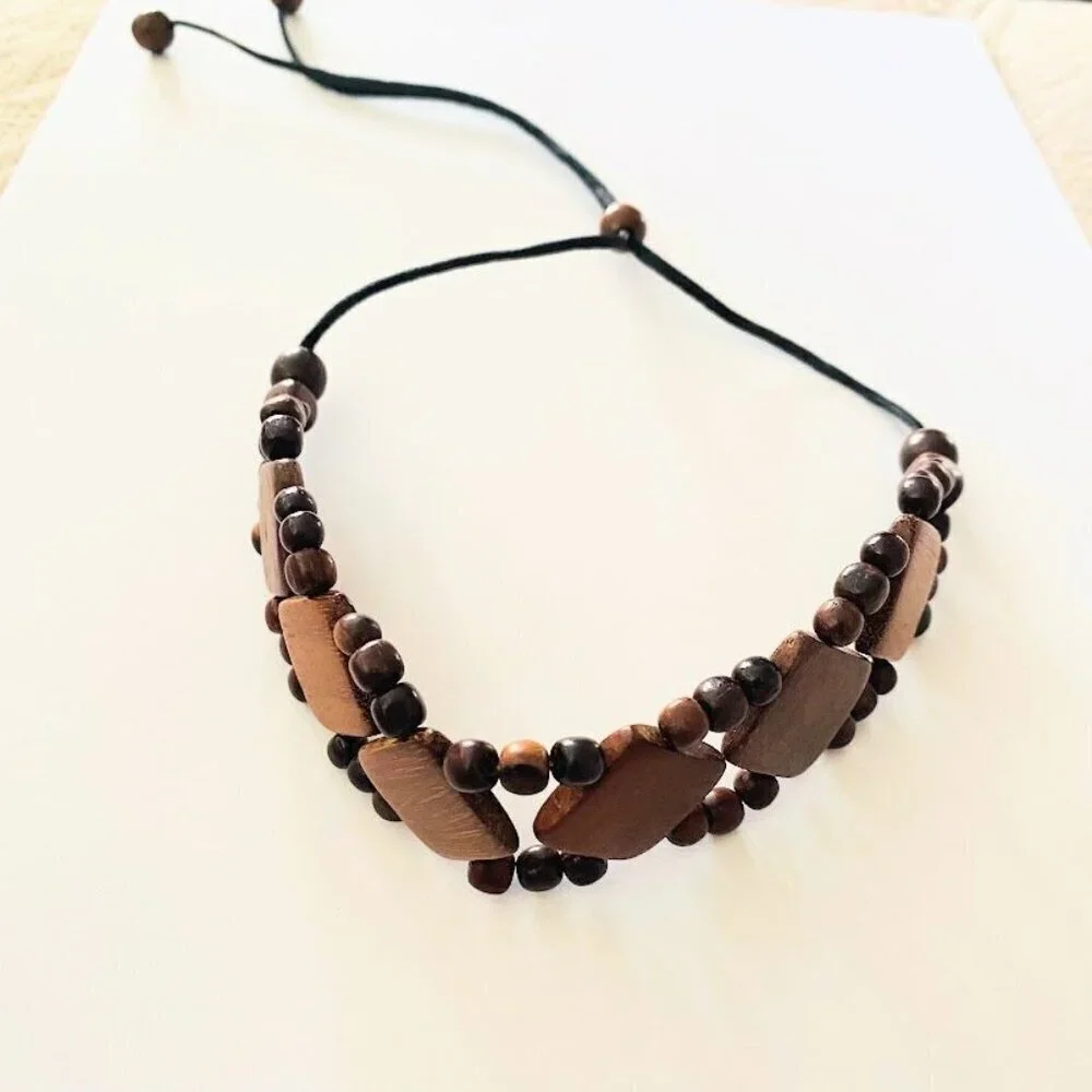 Vintage Handmade Wooden Beaded Choker Necklace With Adjustable Leather Cord